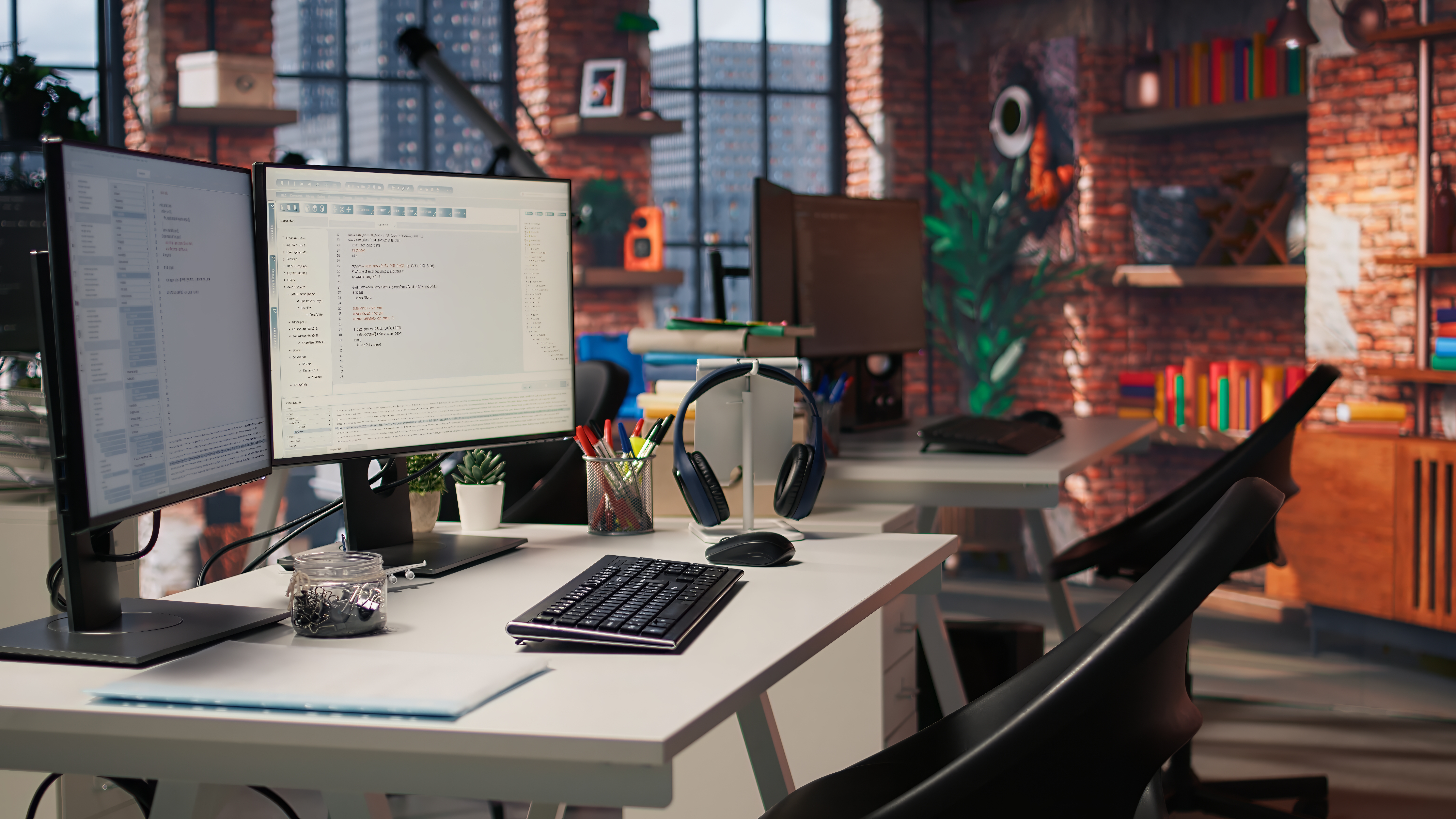 Custom Software Development services with developers building scalable business software and enterprise applications on dual monitors