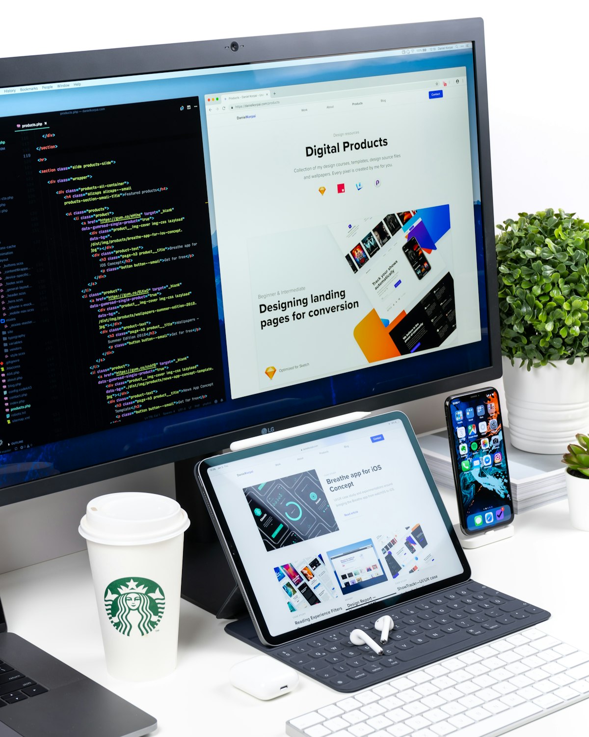 Headless Shopify Plus storefront build shown across code editor and devices